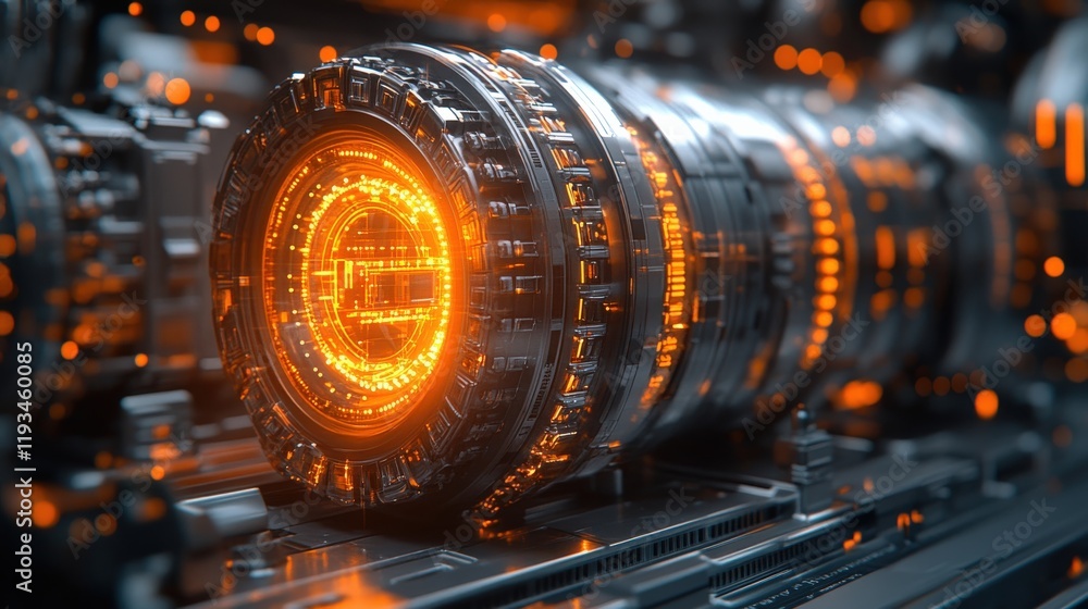 Poster futuristic technology cylinder with glowing orange light and intricate circuit patterns reflecting i
