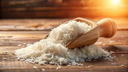 Fototapeta premium A wooden scoop spilling white rice onto a rustic wooden surface with warm sunlight illuminating the scene.