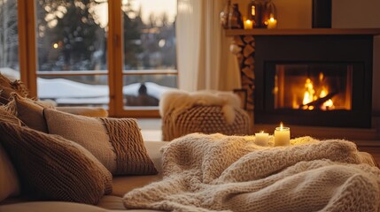 A cozy living room with a plush sofa, throw pillows, and a crackling fireplace