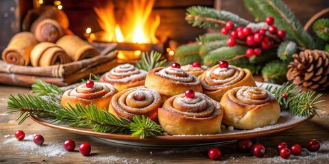 Sweet Cinnamon Rolls Adorned with Festive Berries and Pine Branches on a Rustic Wooden Table