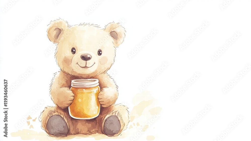 Aufkleber cute teddy bear holding honey jar sits on a sandy surface with a cheerful expression in a light and 