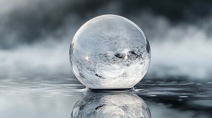 Frozen Bubble Reflecting A Misty Landscape