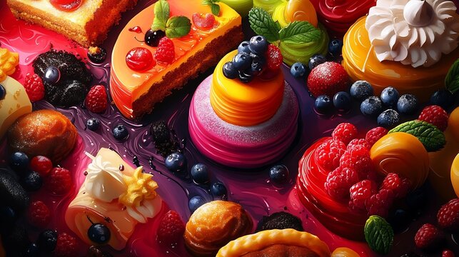 Symbolic portrayal of desserts showcasing vibrant cakes pastries sweet garnishes that emphasize the artistry and indulgence of baking