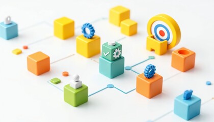 Colorful toy blocks, target icon, checkmarks, gear symbols, yellow, green, orange, blue cubes, workflow concept, business process visualization, goal achievement 