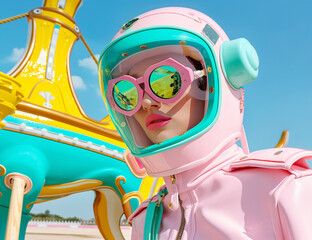 A model in a futuristic pink space suit with reflective goggles riding a colorful carousel horse. A vibrant fusion of sci-fi and playful aesthetics.