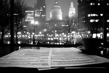 Minimalist government building silhouette with contract papers in the foreground. Bright lighting, contrast