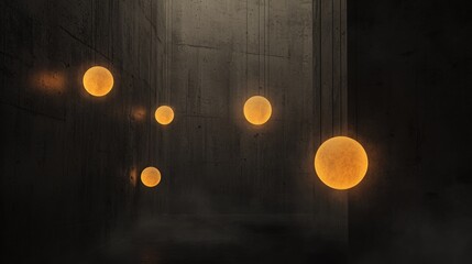 A series of glowing orbs hanging from the ceiling in a dark room