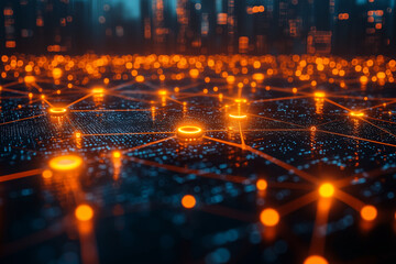 Minimalist graphical node representation of interconnected businesses. Bright lighting, contrast