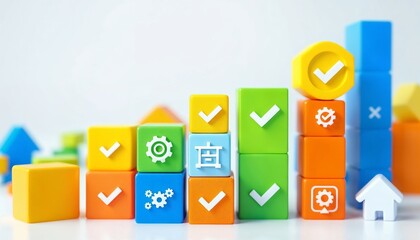 Colorful toy blocks, target icon, checkmarks, gear symbols, yellow, green, orange, blue cubes, workflow concept, business process visualization, goal achievement 