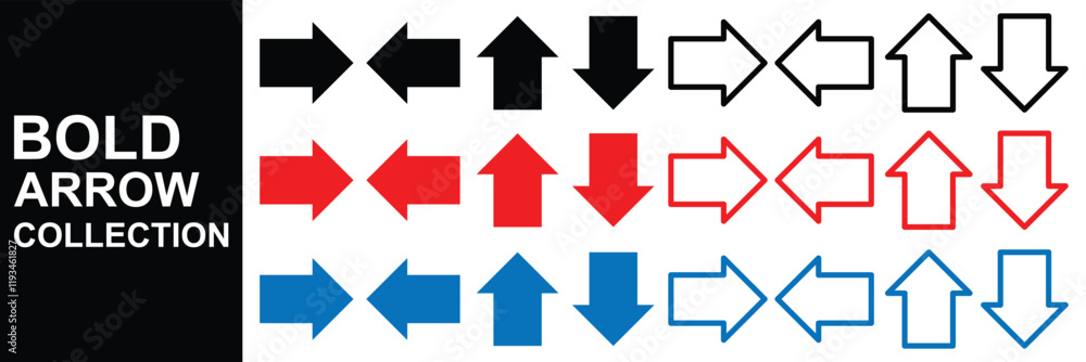 Poster bold arrow sign collection. set of different color arrows icons. simple big set of bold arrow. moder