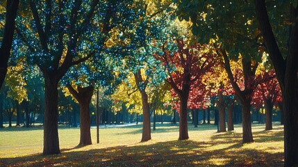 Naklejka premium A serene park scene featuring illuminated trees showcasing vibrant autumn colors, including shades of red, yellow, and golden green. Sparkling lights enhance the natural beauty, casting sparkling refl