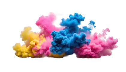 Isolated neon-colored powders (blue, pink, yellow) in the air with smoke bombs creating thick smoke in diagonal sweeping patterns, isolated on a white transparent background PNG
