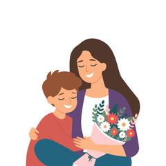 Mother with a bouquet of flowers and son.