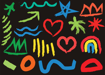 Charcoal colorful doodle graffiti punk and girly shapes collection. Geometric style in multi colored.Vector illustration, Colorful geometric elements.