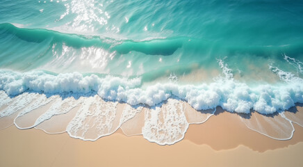 Obraz premium Turquoise waves crashing on a sandy beach. Aerial view of a pristine coastline with gentle waves creating white foam.