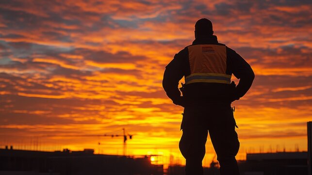 Worker silhouetted against a vibrant sunset, reflecting dedication and hard work.