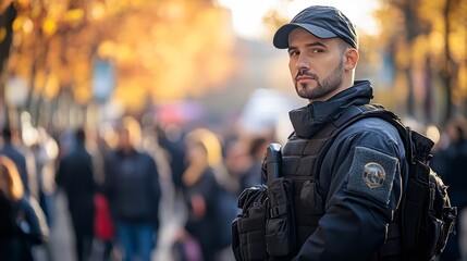 Fototapeta premium A confident security officer stands watch in a bustling urban environment.