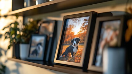 Framed Photos of Dogs on a Shelf Displayed in a Home
