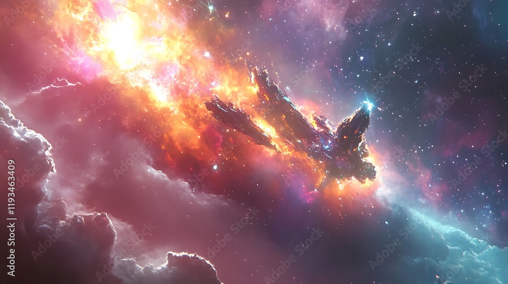 Poster spaceship navigating fiery cosmic nebula clouds