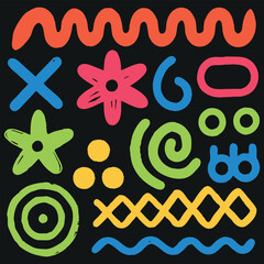 Fototapeta premium Charcoal colorful doodle graffiti punk and girly shapes collection. Geometric style in multi colored.Vector illustration, Colorful geometric elements.