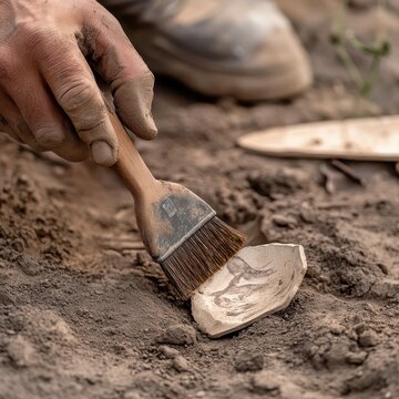 hand of an archaeologist carefully uncovering an old pottery shard with a brush