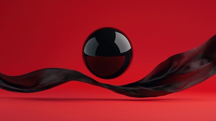 A black ball is floating on a red background