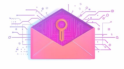 Secure email communication with encrypted data transfer and cybersecurity protection concept, digital lock symbol over email icon, book illustration style