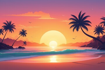 sunset on the beach with palm trees and waves