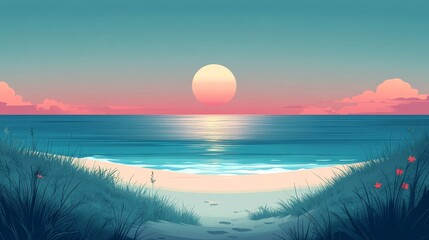 Obraz premium A serene beach at sunset with colorful skies and gentle waves lapping at the shore.