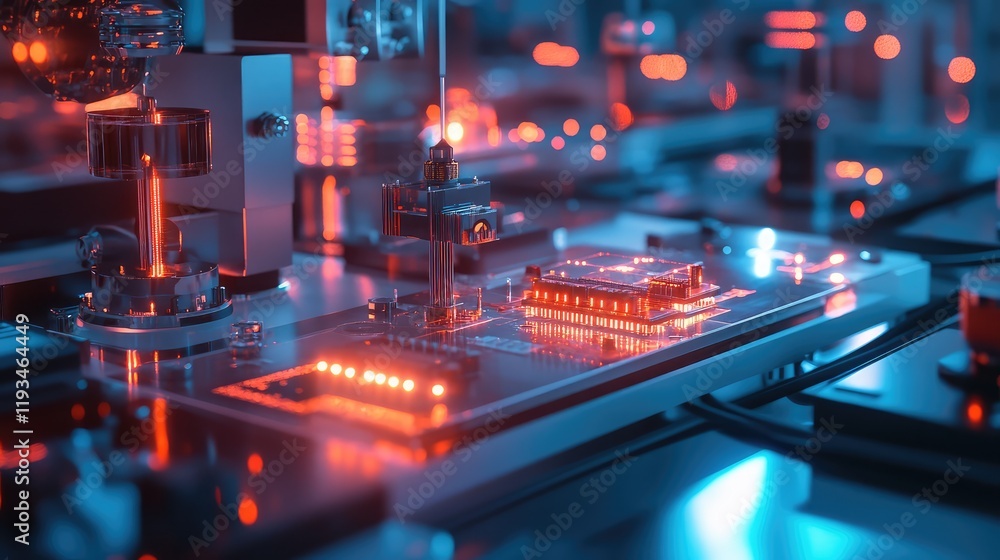 Poster a quantum hardware test bench in a high-tech lab, showing quantum chips and diagnostic tools with gl