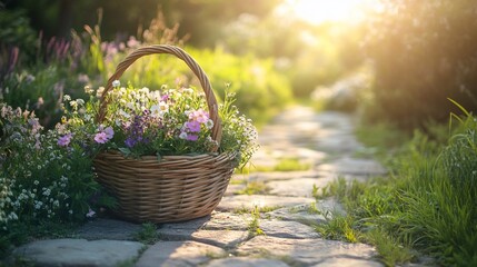 A wicker basket filled with wildflowers sits on a garden path