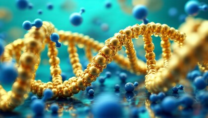 DNA helix, golden structure, blue molecules, hexagonal grid, reflective surfaces, teal background, genetic research, biotechnology, dynamic composition