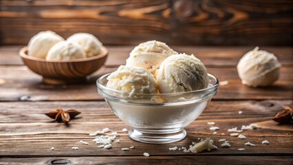Fototapeta premium Creamy vanilla ice cream scoops in a glass bowl on rustic wooden table