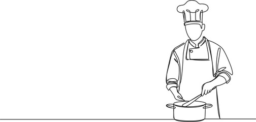 continuous single line drawing of chef in kitchen preparing meal, one line vector illustration