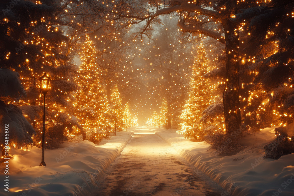 Poster snowy path lined with trees, adorned with golden lights creating a festive glow. concept of winter h