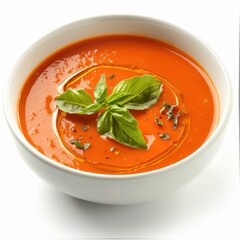 A bowl of creamy tomato basil soup with a drizzle of olive oil, isolated white background, pop art...