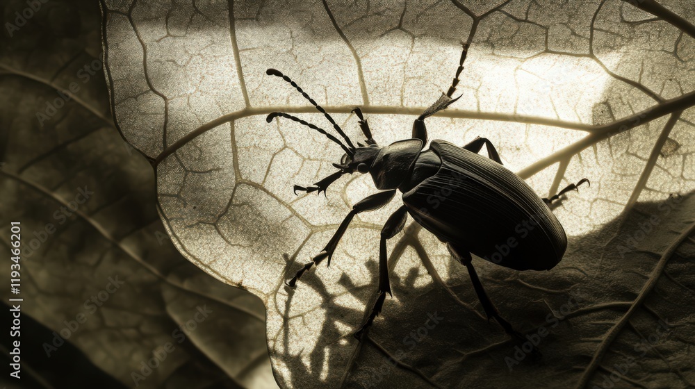 Poster a beetle rests on a translucent leaf showcasing its intricate veins and structure in detail