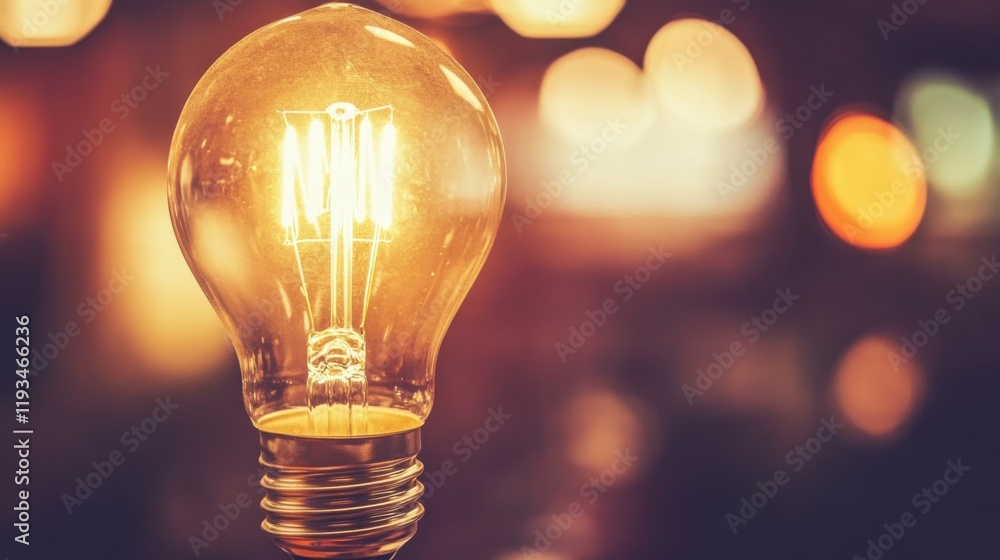Aufkleber close-up view of a vintage light bulb illuminating in a softly blurred background, creating a warm a