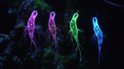 A macro shot of bioengineered cells seen through a microscope, glowing in multiple colors, emphasizing cutting-edge biotech research in genetic and cellular engineering.