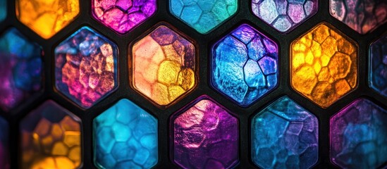 Vibrant prismatic hexagon mosaic of stained glass reflecting soft illuminated glowing colors creating a mesmerizing abstract art decor backdrop or wallpaper design
