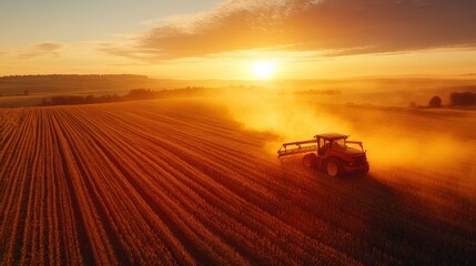 Fototapeta premium Tractors Working in Agricultural Field During Golden Hour Light with Dust Clouds and Dramatic Sky at Sunrise