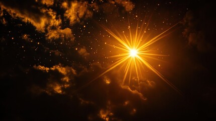 Celestial Radiance: A Stunning Night Sky with a Bright Starburst and Golden Clouds