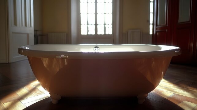A macro shot of a pristine, minimalist bathtub after cleaning, showcasing the clean lines and uncluttered design of the bathroom.