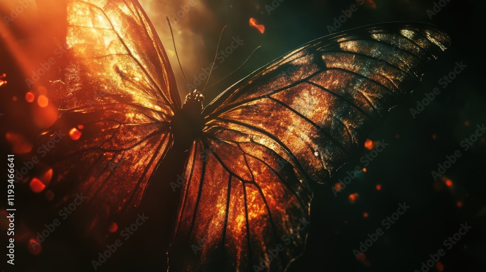 Poster golden butterfly with light flare and dark background creating an ethereal atmosphere
