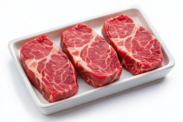 Fototapeta premium Four Boneless Beef Loin New York Steaks in Styrofoam Tray - Isolated on White Background