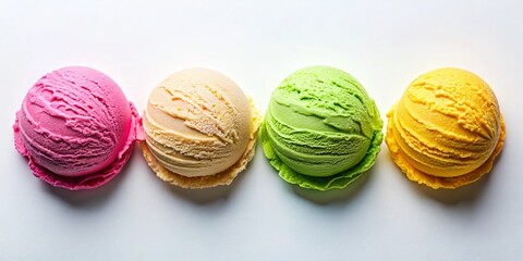 Obraz premium Four Colorful Ice Cream Scoops, Top View, Minimalist Photography