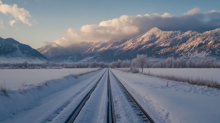 Snow Covered Railway Tracks Leading Towards Majestic Winter Mountains