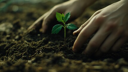 Fototapeta premium Hands Gently Planting A Delicate Young Sprout In Soil