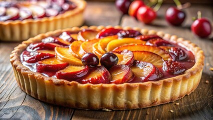 A golden brown crust pie filled with a juicy mixture of plump plums and slices of peaches, topped with a glossy glaze and adorned with plump cherries.