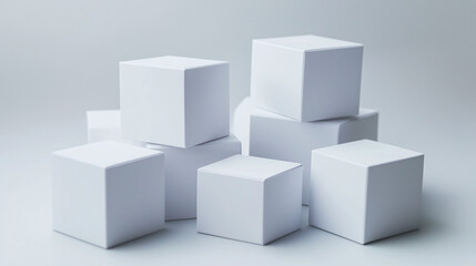 Obraz premium A modern and minimalist arrangement of white cubes stacked on a smooth surface, embodying simplicity and elegance while evoking curiosity and a sense of order.